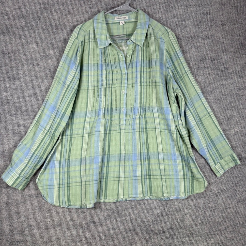 Coldwater Creek Size-2X Top Green Plaid Pintuck Cotton Gauze Button Front Tunic